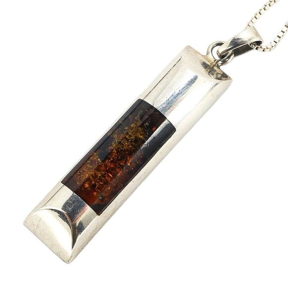 Signed JZ Sterling Silver Modernist Amber Pendant Necklace Baltic Amber Inlay - Picture 3 of 10